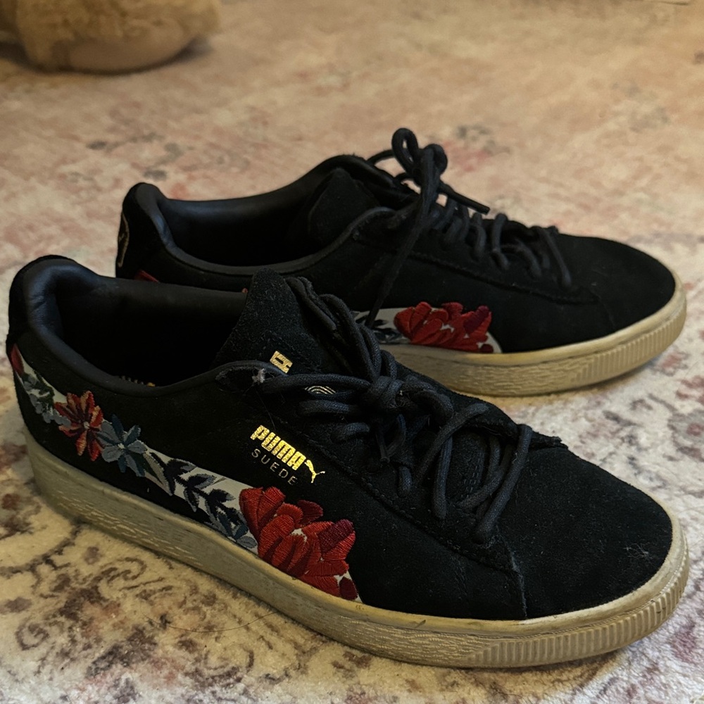 Puma Suede Black with Red and Blue Floral Sneakers